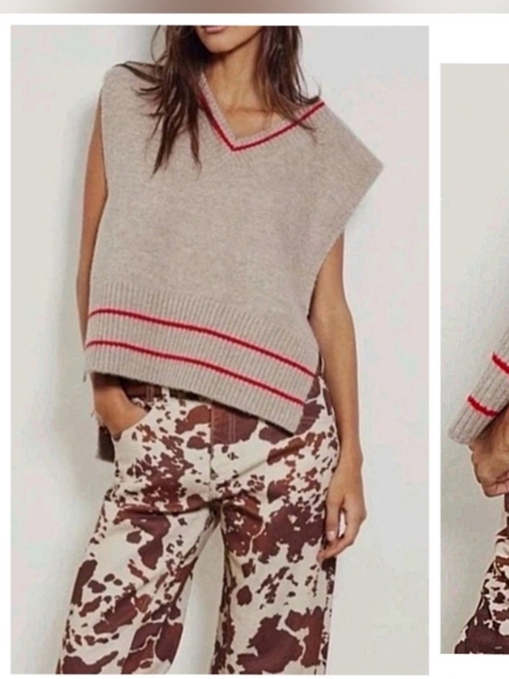 Free People Beige Knit V-Neck Vest with Red Stripes